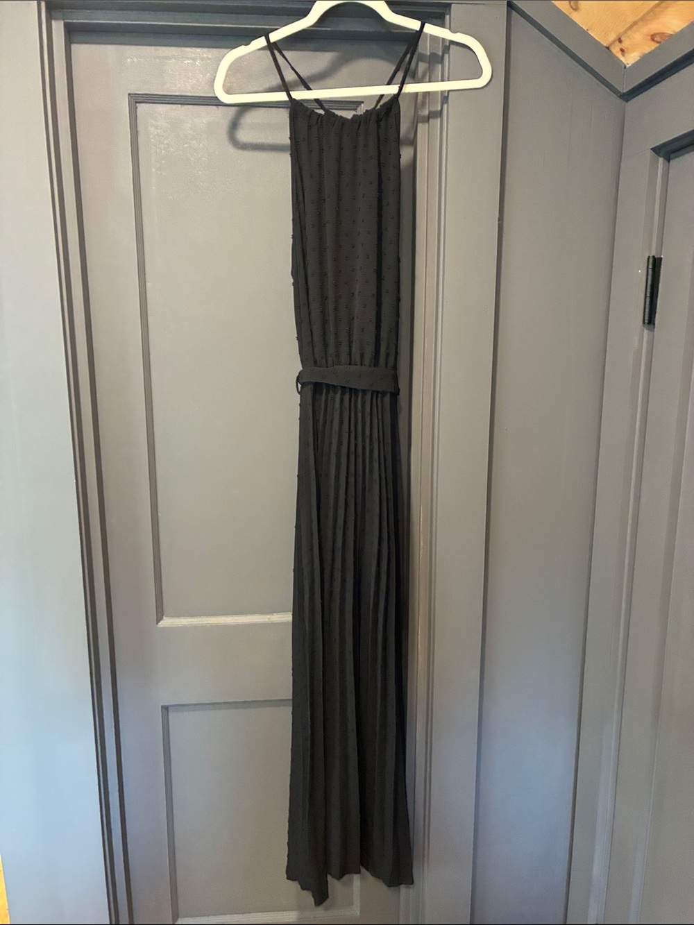 High-neck Black Maxi Dress with Textured Bodice and Waist Tie